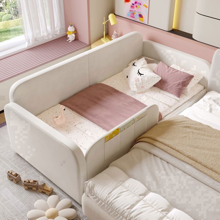 Lit Enfant Simple Rembourré - MERAX - 3 Petites Poches Latérales - 2 Tiroirs sur Roulettes - Velours Blanc - 90x200 cm Lit Enfant Simple Rembourré - MERAX - 3 Petites Poches Latérales - 2 Tiroirs sur Roulettes - Velours Blanc - 90x200 cm