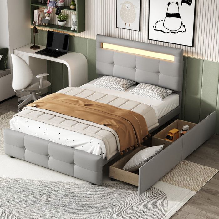 Lit simple 90x200 - Gris - Éclairage LED - Tiroirs de rangement - Design classique