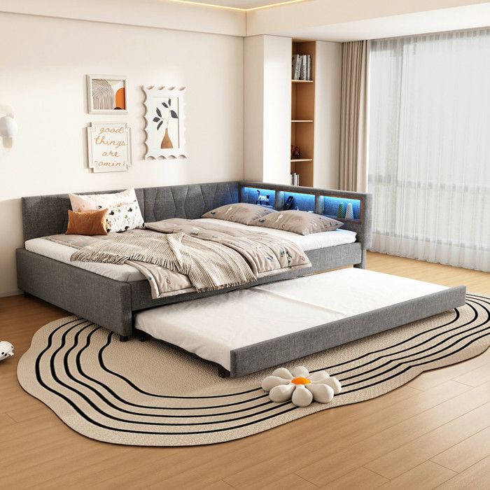 Canapé-Lit Double 140x200 cm avec Lit Gigogne Lit Double LED avec USB + Type C Lit 2 Personnes avec Sommier à Lattes Gris