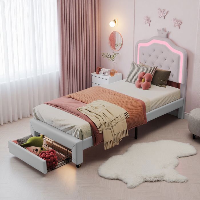 Lit enfant - YTT - Tête couronne PU - LED intégrée - Tiroir de rangement (90x200 cm)