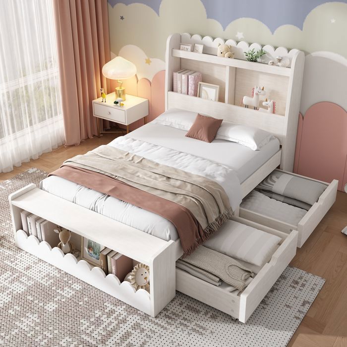 Lit Enfant 90x190cm - Lit Simple Avec 2 Tiroirs tagre Banc De Rangement Et Sommier Lattes En Bois Blanc+Chne (Sans b LIT COMBINE