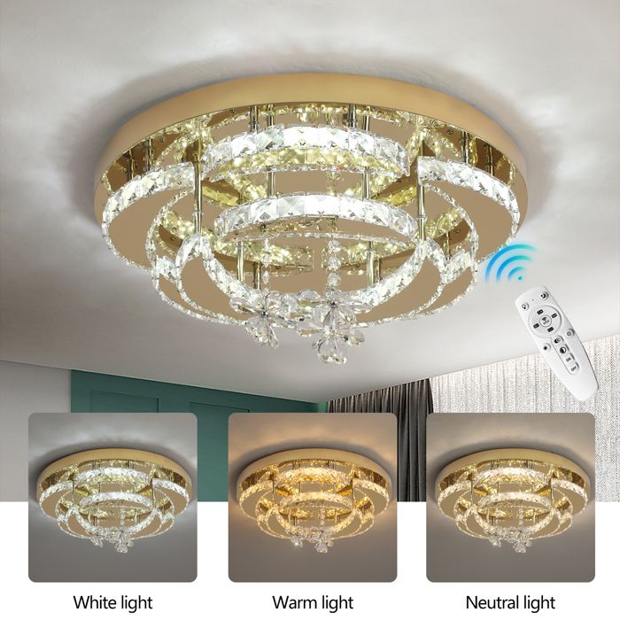 50cm Lampe de plafond LED de cristal Lampe de plafond dor Commande à distance de salon