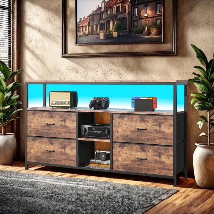 Buffet bas - RWUDV - Buffet TV vintage - 4 tiroirs - Éclairage LED - Marron rustique