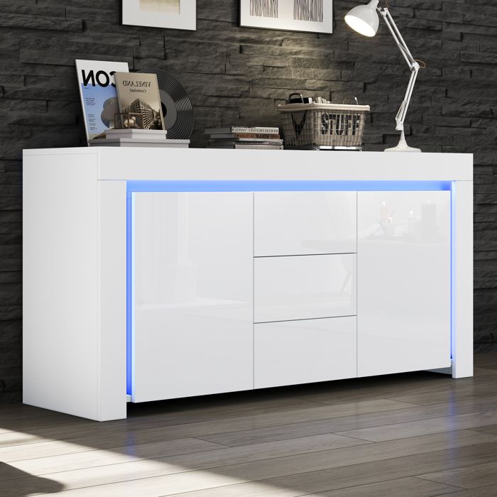 Buffet 140 x 40 x 65 cm - 3 tiroirs et 2 portes - Avec éclairage LED - Finition brillante - Blanc