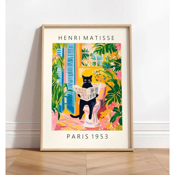 Lot de 3 toiles murales vintage Henri Matisse avec chat amusant pour salle de bain, motif tigre mignon dans la baignoire rose vert plage affiches encadrées 30,5 x 40,6 cm
