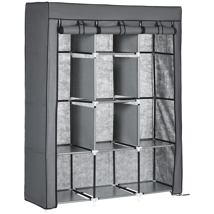 Armoire Dressing Compacte Grise 8 Étagères 2 Tringles Rangement Polyester France