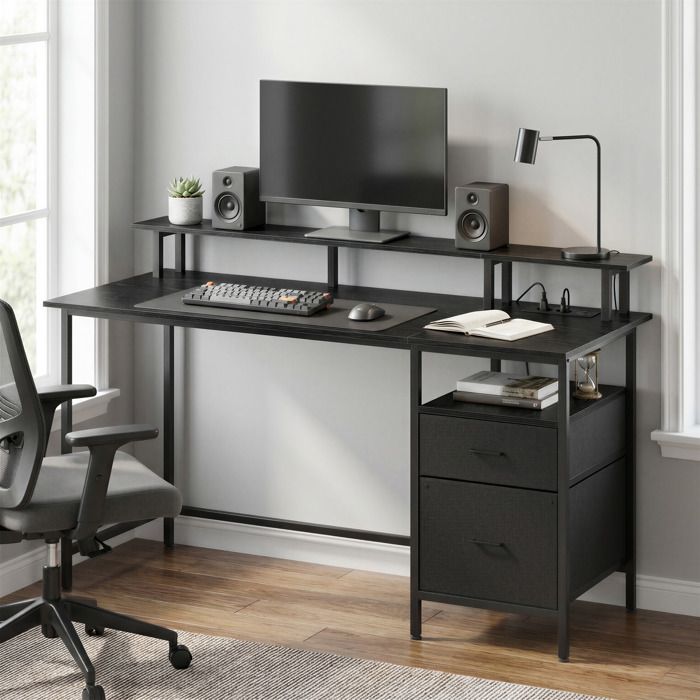 Bureau de Travail Support d’Écran Tiroirs en Tissu Station de Charge 140 x 60 cm Noir