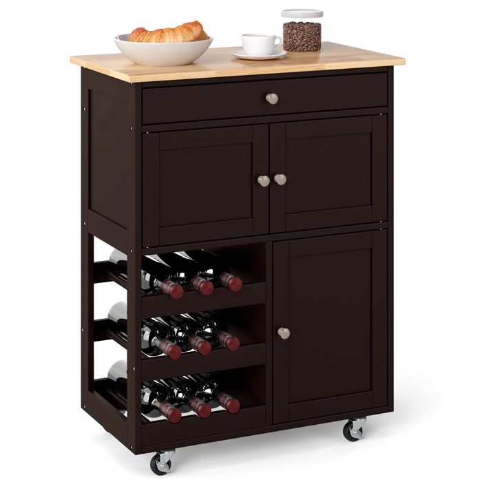 GIANTEX Desserte de Cuisine à Roulettes Plateau en Bois dHévéa Tiroir Porte-Bouteilles Armoire à Portes 67x37x86 cm Brun