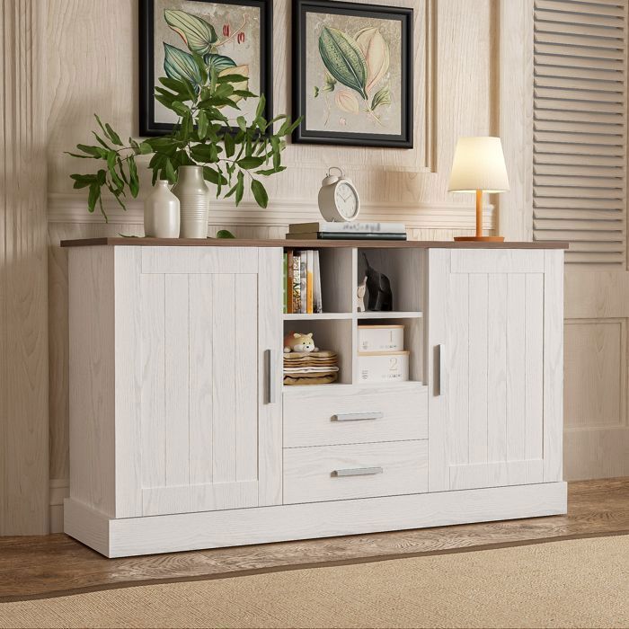 MERAX Buffet Salon 140 x 40 x 795 cm Blanc et Bois avec 2 Portes 2 Tiroirs et Niches Ouvertes Bahut Moderne Style Scandinave