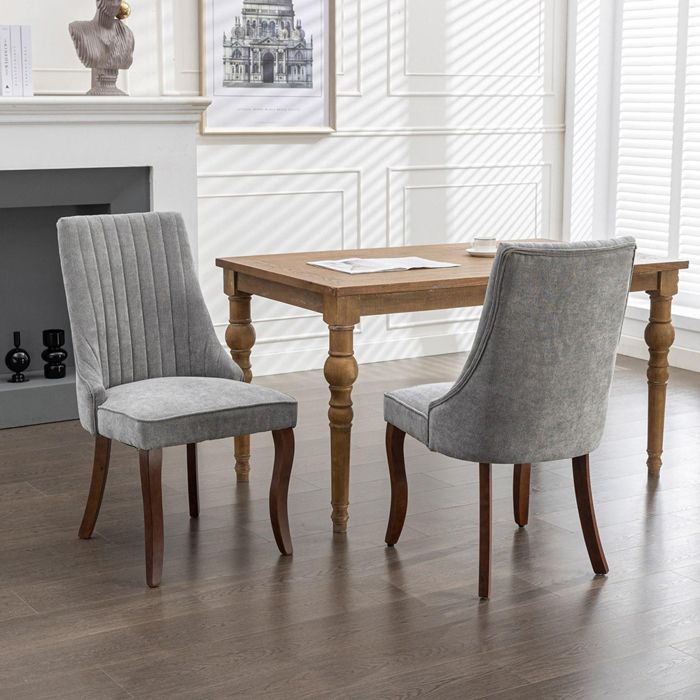 Lot de 2 Chaises de Salle à Manger en Chenille - Chaises de Cuisine - Pieds courbés en bois massif marron - Rembourrée - Gris