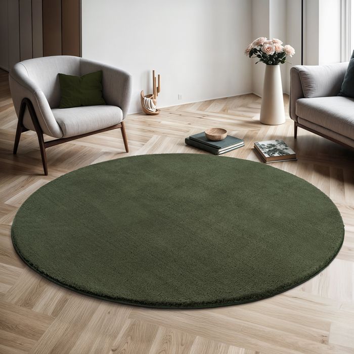 the carpet Relax tapis moelleux à poils courts antidérapant lavable à 30 degrés Vert forêt 160 cm Rond