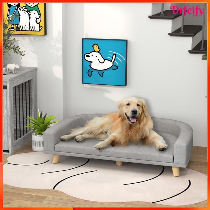 Canapé pour chien - AKOZON - 8622 - Grand 98x67x25 cm - Tissu polyester effet lin - Pieds en pin massif