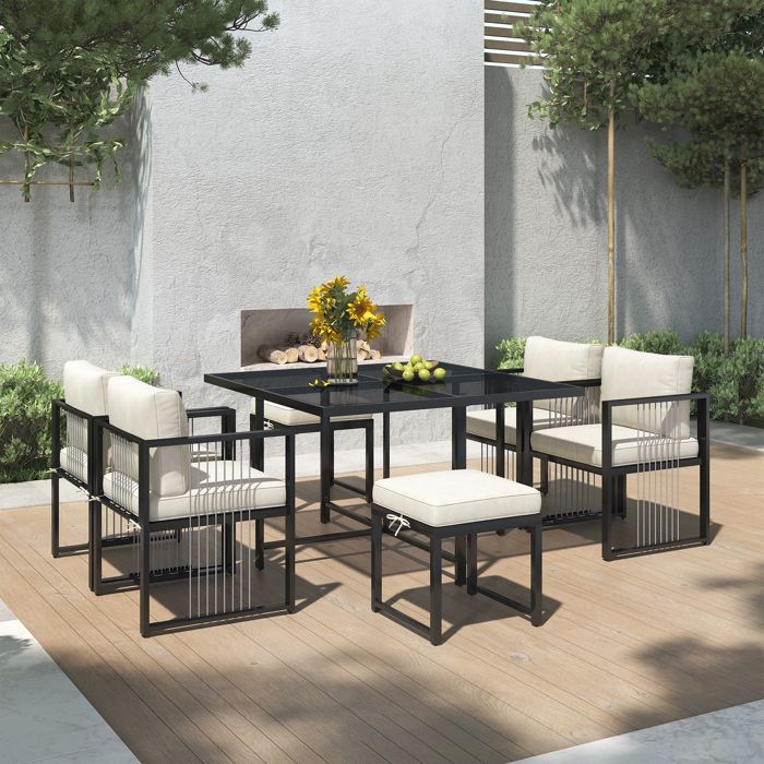 HAVRYA Ensemble Jardin 7 Pièces - Table Carrée Verre Trempé 6 Chaises Résine Coussins Déhoussables Structure Fer - Noir et Blanc