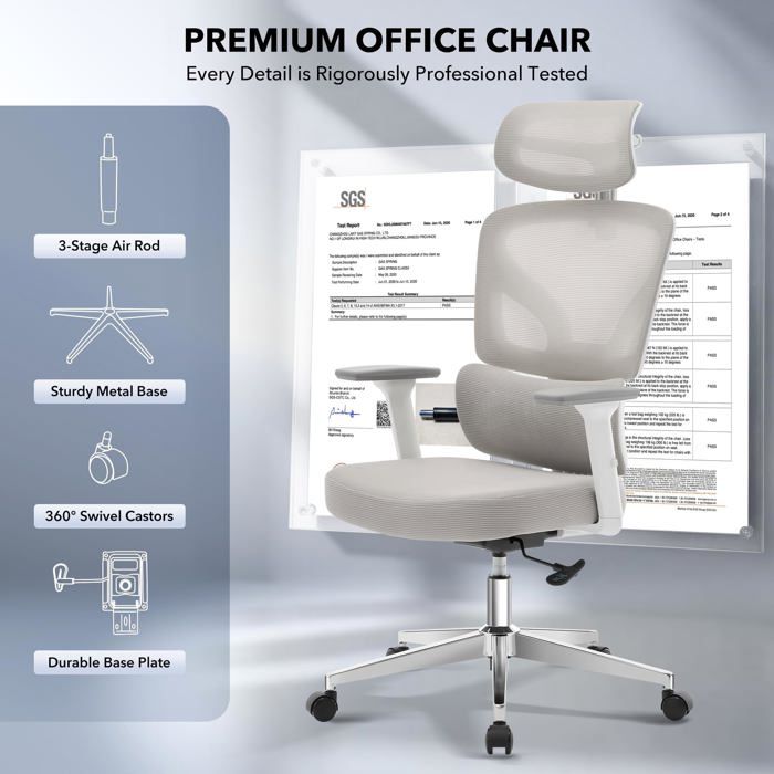 Chaise de bureau ergonomique - LUNSY - Dossier réglable - Soutien lombaire - Accoudoirs 3D - Appui-tête ajustable