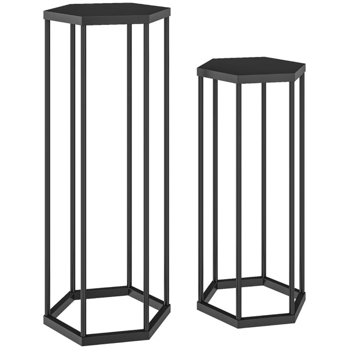 Support de plantes hexagonal en métal - Ensemble de 2 pièces - Noir - 75 cm et 60 cm de hauteur