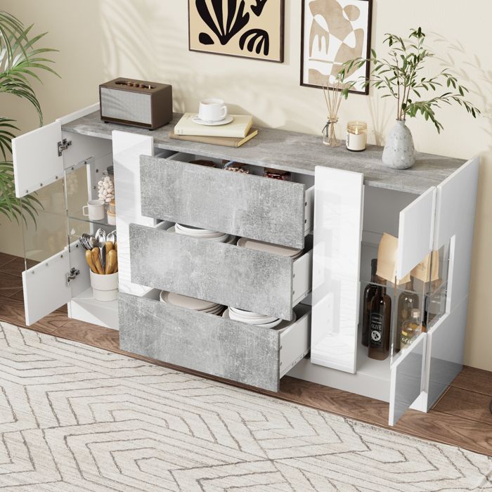 MIVRAY Buffet et enfilade avec 2 Portes et 3 Tiroirs LED en MDF et Verre 140×35×75 cm Blanc et Marbre Gris
