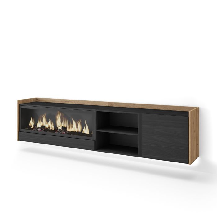 Meuble TV 212x35x50cm avec Cheminée électrique XXL à gauche Suspendu Mural LED Noir et chêne RF4462