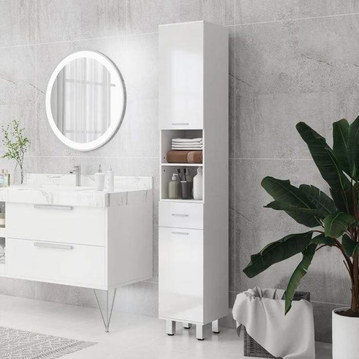 Meuble de salle de bain commode de salle de bain avec étagères et tiroir réglable blanc