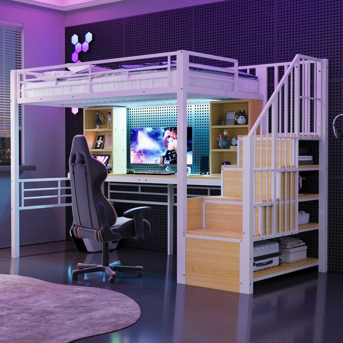 Lit superposé 90x200 cm avec bureau étagère prise EU LED rangement escalier gauche droite garde-corps cadre métal blanc