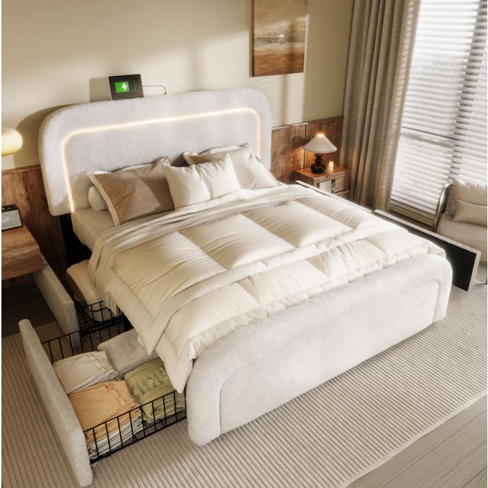 Lit double blanc 140×200 cm USB-C et LED 4 tiroirs tête de lit réglable revêtement sherpa sans matelas
