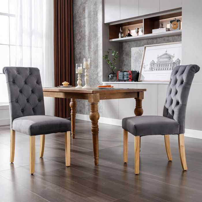 Chaises de Salle à Manger Lot de 2 Dossier Capitonné Pieds en Chêne - YEAVIO - Sans Accoudoirs Velours - Gris