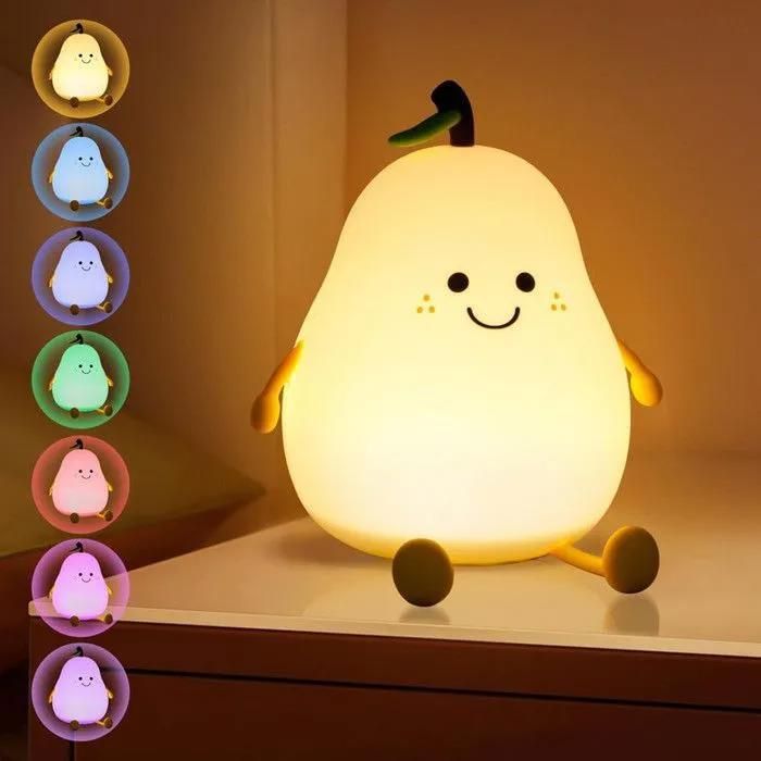 Veilleuse Forme de Poire en Silicone Rechargeable USB Contrôle Tactile 7 Couleurs Minuterie 30/60min Lampe de Chevet pour Chamb