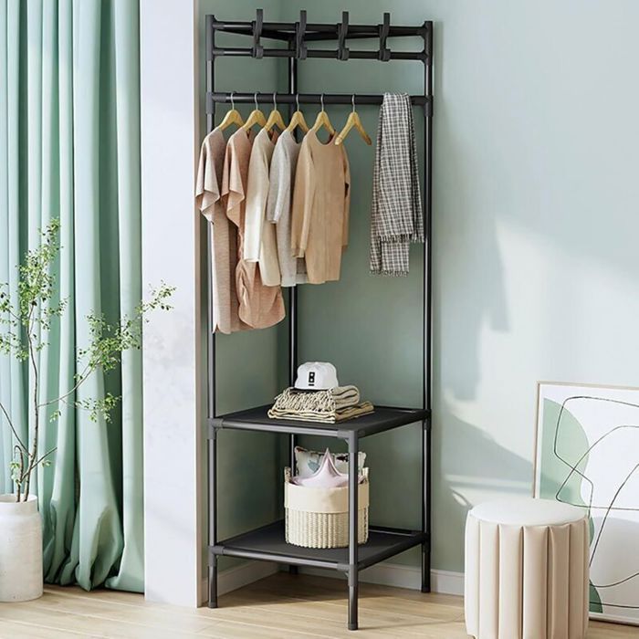 Portant à vêtements avec étagères - 3 étagères pratiques - Barre suspendue robuste - Montage facile