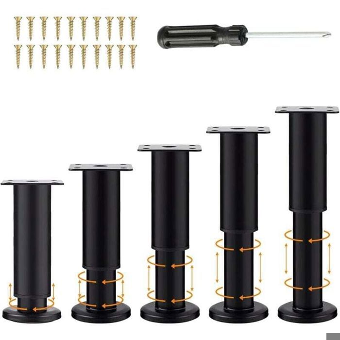 5 Pièces Pieds Meubles Noir Réglables 18-30cm Jambe Support Canapé avec 20 Vis et 1 Tournevis Universel Perçage sans