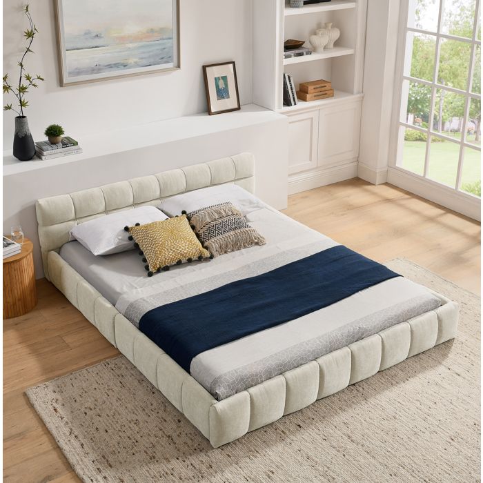 WOVREO Lit double 160 x 200 cm en chenille beige cadre en bois d’eucalyptus et fer sans matelas