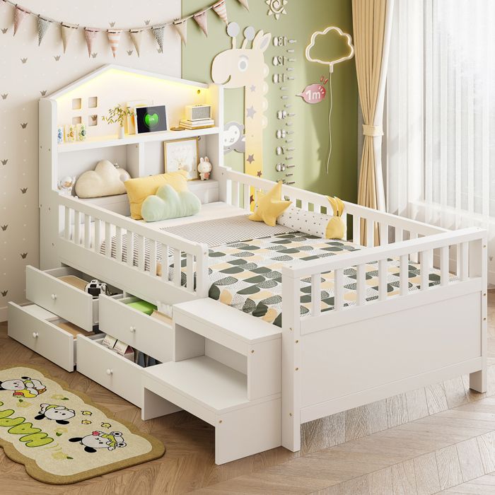 WOVREO Lit enfant 90x200 cm avec barrières 4 tiroirs marches LED USB et Type-C blanc