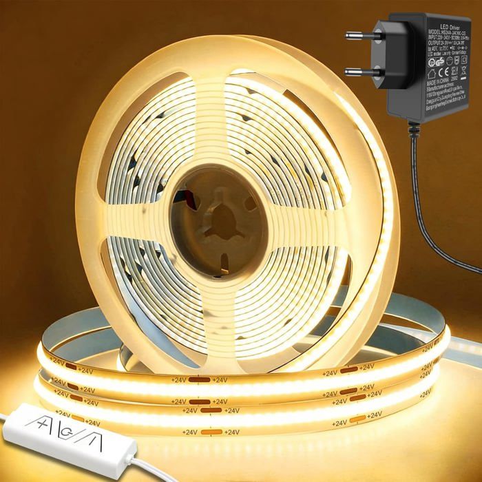 Ruban Led 6M Blanc Chaud 2700K 1920 Leds Dimmable 24V Ruban Led Cob Avec Télécommande Et Alimentation Cri90+ Éclairage DApp[CA248]