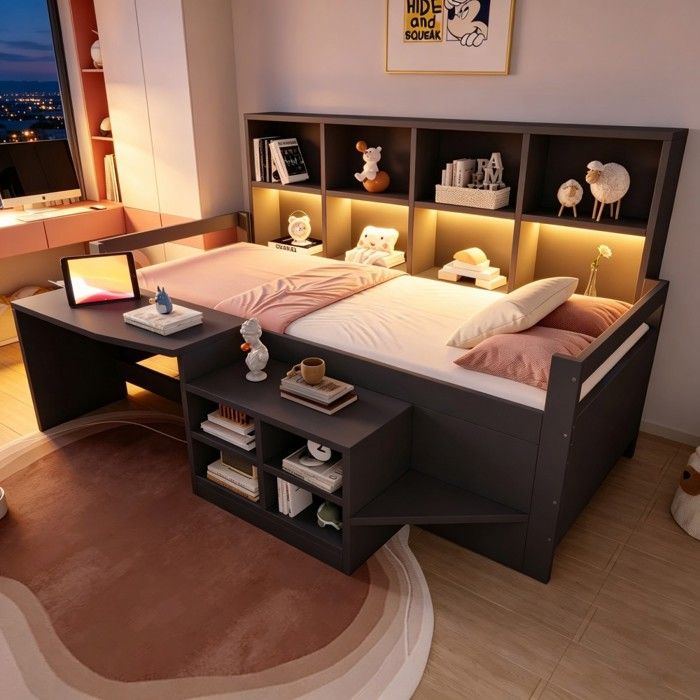 Lit simple bois gris 90×200cm ado/enfant bureau intégré prises bande LED étagères rangement multi-niveaux Sans Matelas