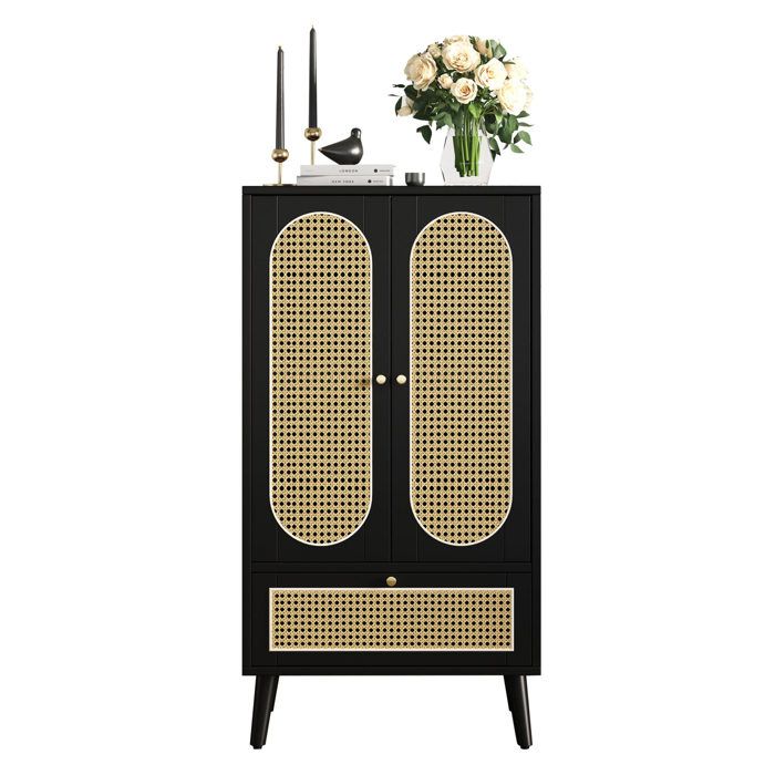ELVORIN buffet haut compact 60 x 40 x 1105 cm noir effet rotin 2 portes 1 tiroir pieds réglables