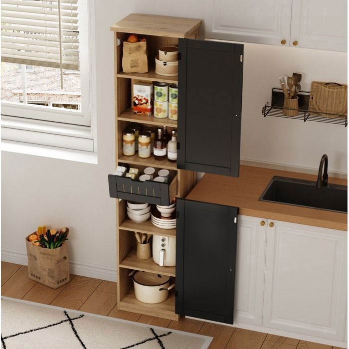 WOVREO Colonne de cuisine 40 x 30 x 170 cm 2 portes 1 tiroir 4 étagères réglables MDF naturel et noir