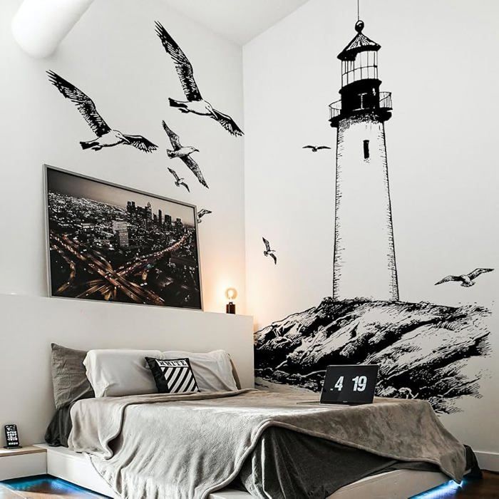 XXL Grand autocolnt mural noir et bnc phare (101 x 112 cm) Sticker mural moderne pour salon A. Phare OBJET DE DECORATION MURALE