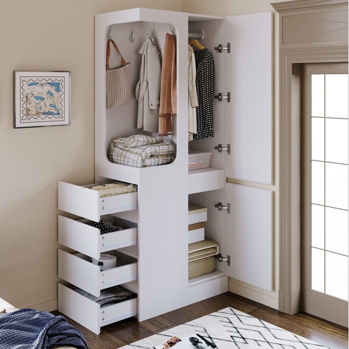 WUVRIE Armoire de chambre 1 porte 4 tiroirs penderie ouverte blanc 70 x 40 x 170 cm