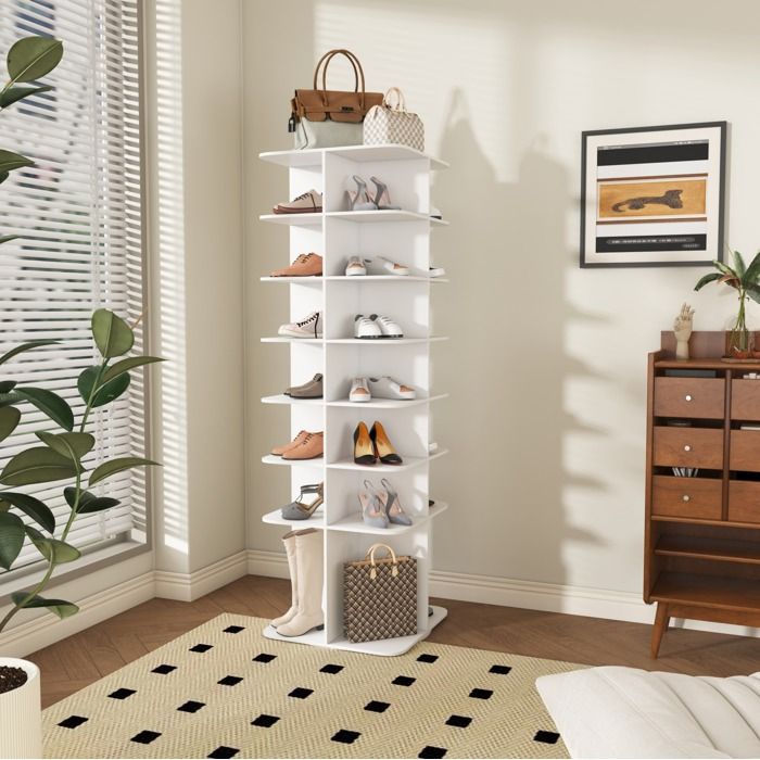 MEUBLIV Meuble à chaussures tournant 7 étagères 360° rotatif PVC blanc pour 28 paires