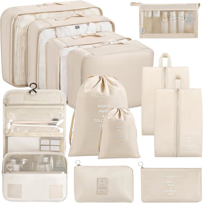 Organisateur valise 12 pièces beige packing cubes voyage pochettes rangement pour bagages et vêtements