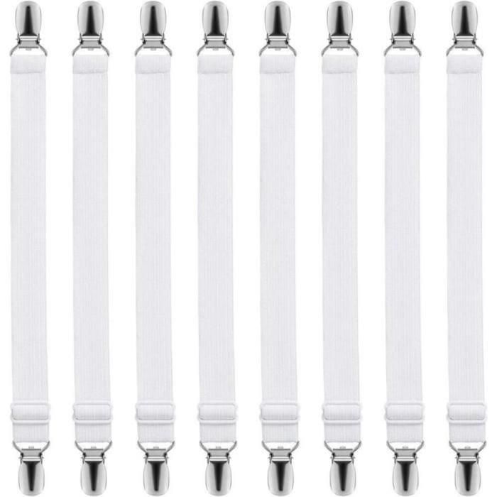 Attaches Draps de Lit Robustes Pince Élastique Réglable pour Maintien de Matelas Blanc x8