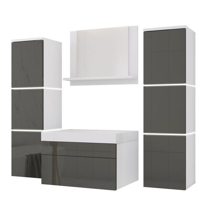 Ensemble meuble salle de bain - 3XE LIVING - 120x110 cm - Blanc mat/Gris brillant - Façades MDF - Ouverture pression