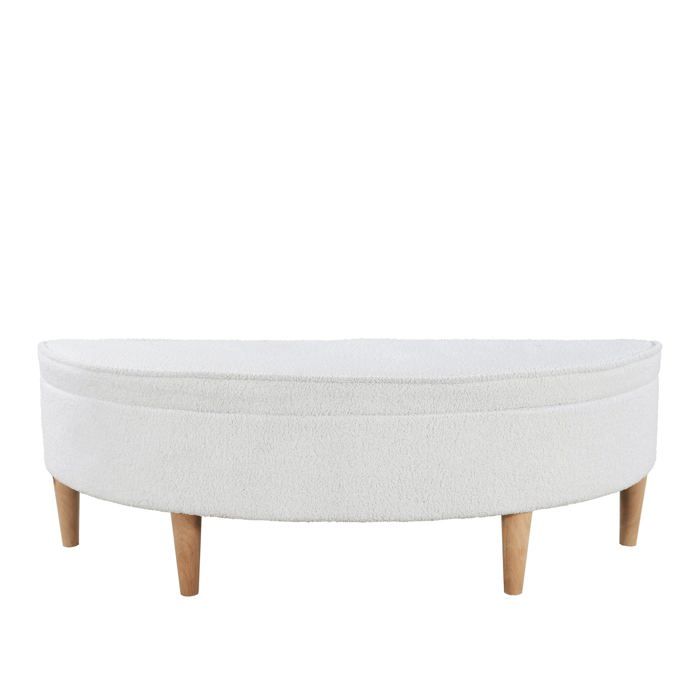 Banc rembourré demi-rond Logidon blanc avec espace de rangement et pieds en bois