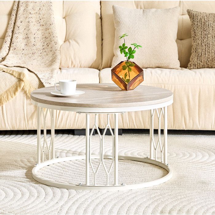 Table basse ronde blanche 70 x 70 x 40 5 cm plateau aspect bois structure métal géométrique