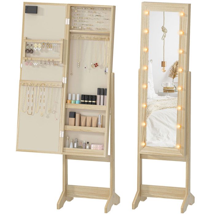 VVBV ARMOIRE A BIJOUX avec Miroir sur Pied et Éclairage LED Armoire de Rangement Bijoux Inclinable Bois Naturel