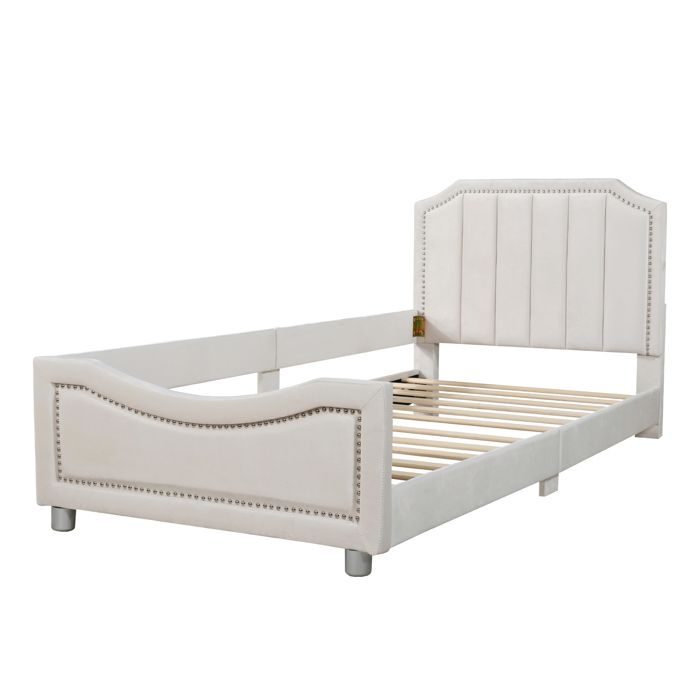 Lit banquette rembourré 90x200 cm en bois massif dans un coloris beige matelas non inclus sommier à lattes inclus