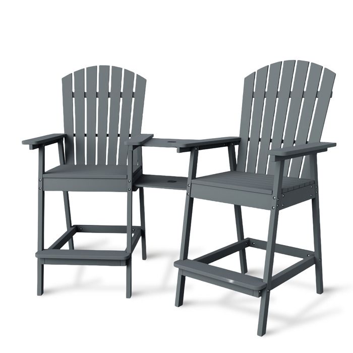 Chaise Adirondack Bar Hauteur Bois Massif Lot 2 – Fauteuil Jardin Relaxation avec Plateau pour Terrasse & Balcon Gris