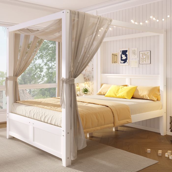 Lit à baldaquin 140x200 cm en bois blanc cadre de toit décoratif lattes verticales tête et pied MDF et pin enfant ado adulte