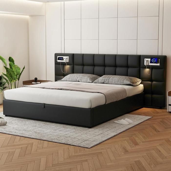 Lit coffre 180x200 cm simili cuir noir avec usb charge sans fil lampe et sommier