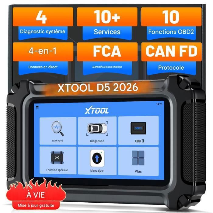 Valise de Diagnostic D5 en française - XTOOL - 5systèmes - 11fonctions spéciales - OBD2 complètes - FCA/CAN FD - Gratuites à vie