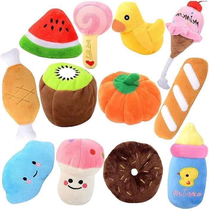 12 PCS Jouet à Couinement Chien Peluche : Legendog Jeux Intelligence Durable Os Jouets de Nourriture de Fruits Cadeau pour Grands