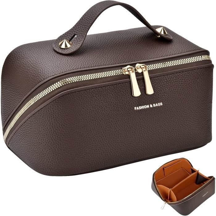 Trousse De Toilette Voyage Toile Et Cuir Marron Avec Poignée Imperméable